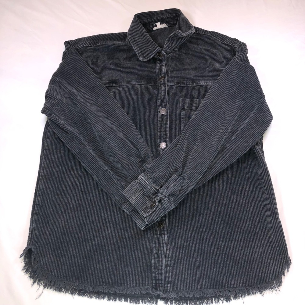 La Miel Charcoal Gray Corduroy Fringed Hem Button Down Shirt Jacket Medium